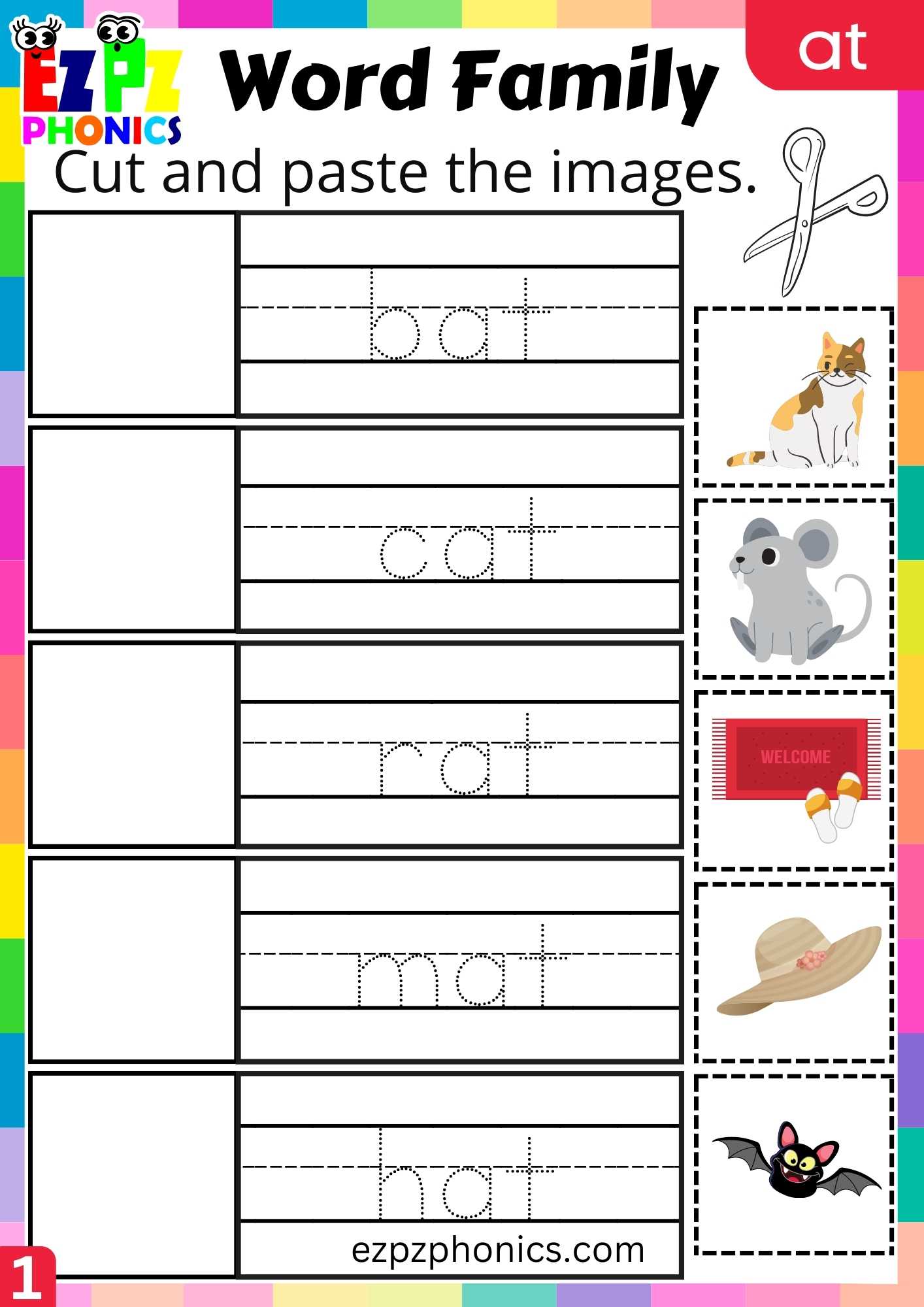 AT Words Cut And Paste The Images Phonics Word Families Worksheet